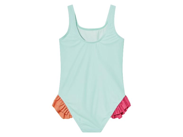 Maillot de bain une-pièce turquoise pour fille, détails volantés corail et rose.