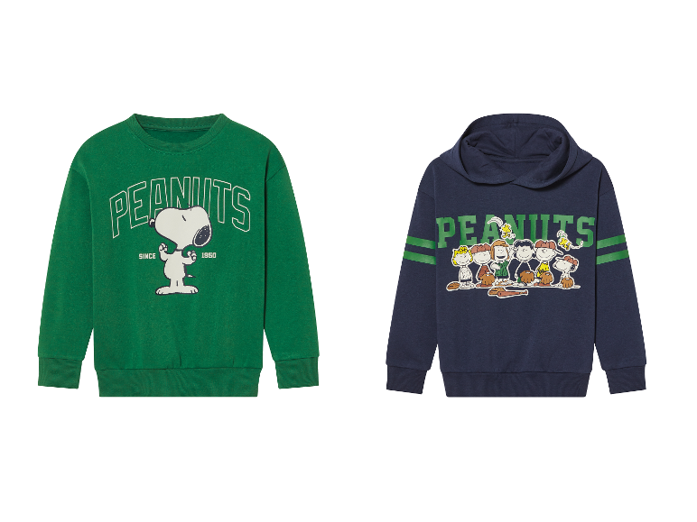 Deux sweats pour enfants Peanuts : un sweat vert et un sweat bleu marine à capuche.