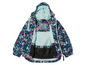 Une veste bleu marine à fleurs, adaptée à la pluie.