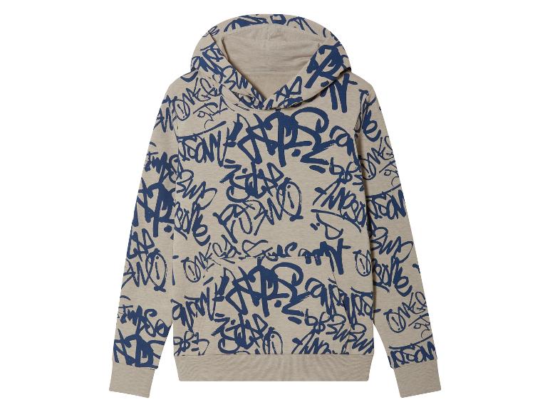 Sweat-shirt beige à capuche avec impression graffiti bleu.