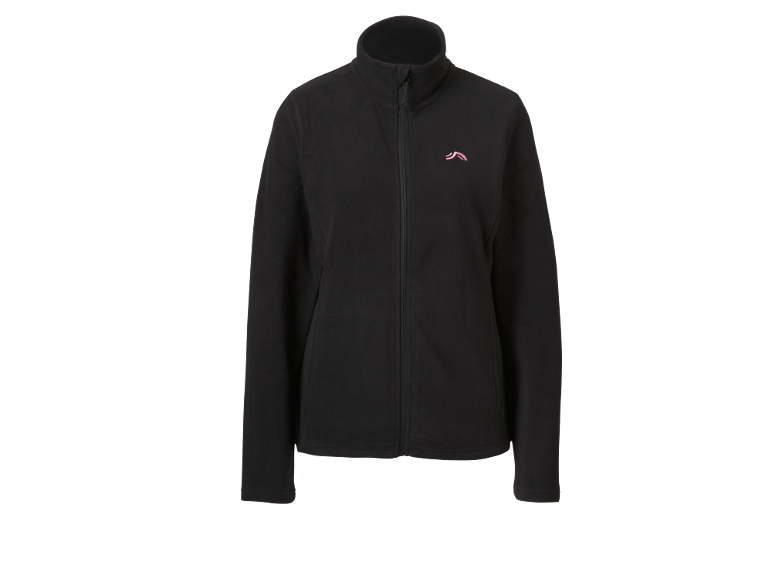 Veste polaire noire zippée avec un petit logo rose sur la poitrine.