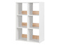 Étagère blanche avec six compartiments et des accents en bois.
