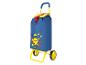 Chariot de courses bleu avec cadre jaune et motifs géométriques colorés.