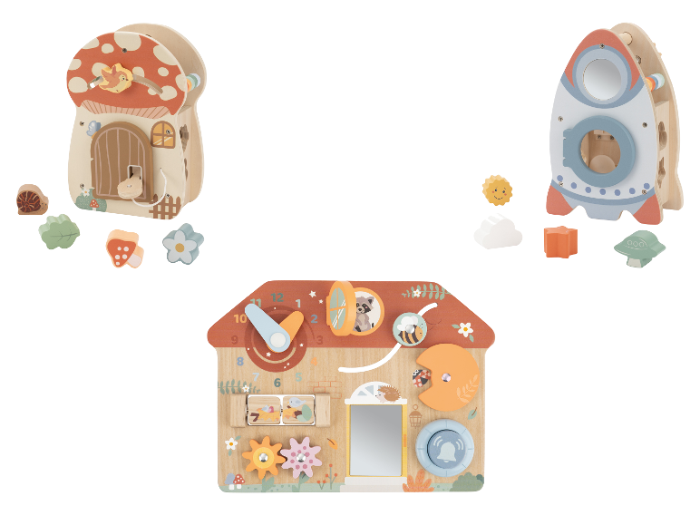 LUPILU® Holz-Motorikspielzeug: Maison, fusée et champignon en bois avec activités.