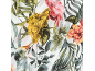 Tissu blanc à imprimé floral tropical et perroquet, avec des plis doux.