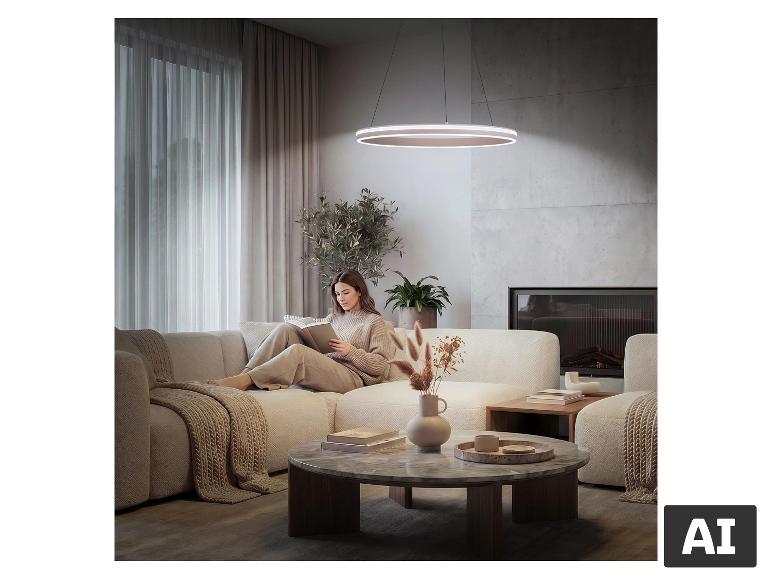 Suspension moderne BRILONER avec changement de couleur dans un salon. [image générée par l'IA]