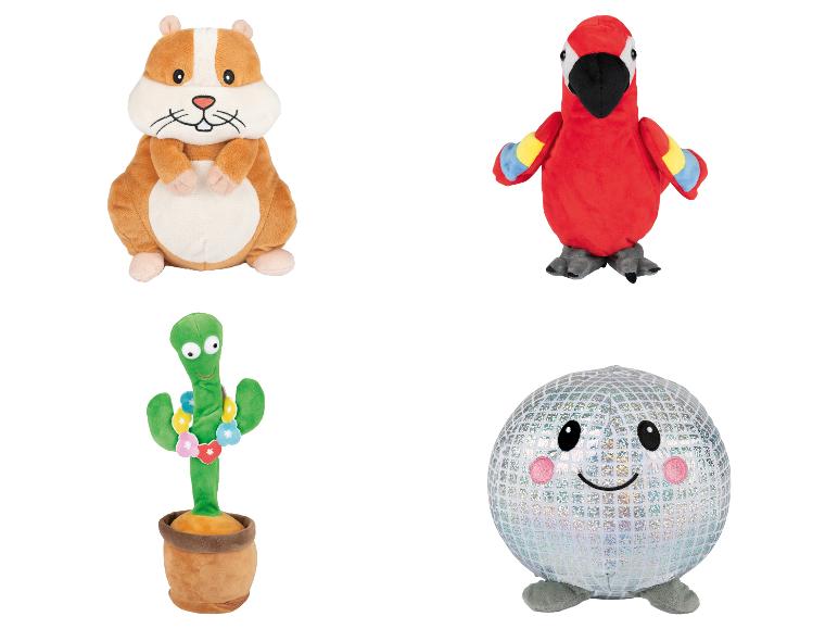 Quatre peluches: un hamster, un perroquet, un cactus et une boule disco.