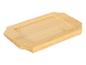 Plateau rectangulaire en bambou avec bords surélevés et coins arrondis.