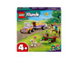 Ensemble LEGO Friends avec des chevaux, une voiture avec une remorque et un obstacle de saut.