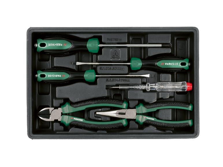 Ensemble d'outils Parkside avec tournevis, pinces et testeur de tension dans un plateau noir.