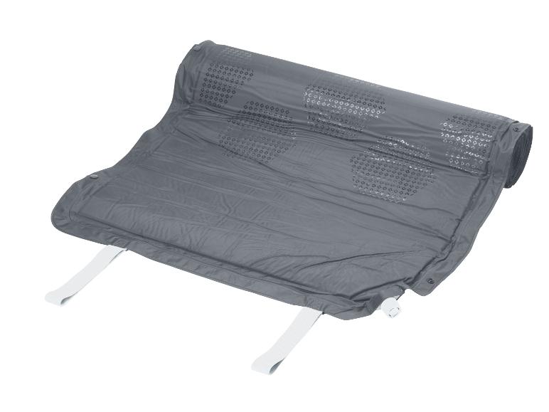 Tapis de sol gonflable gris avec sangles blanches, partiellement roulé.