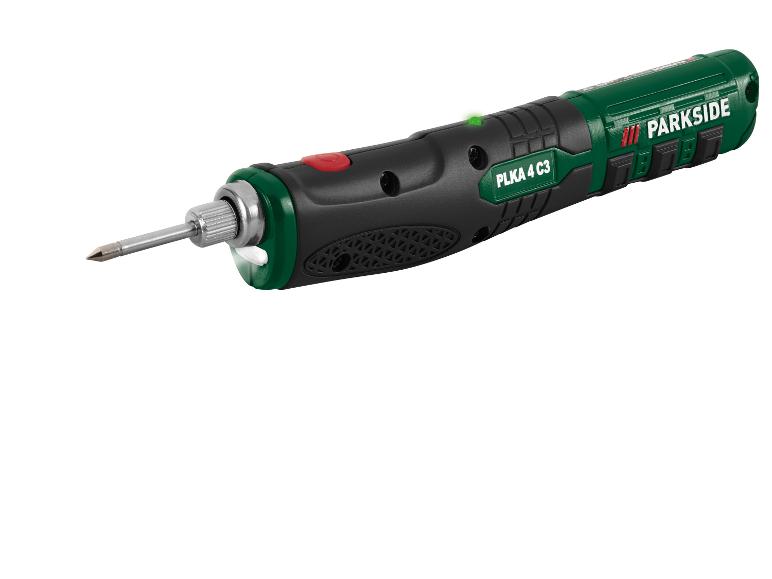 Fer à souder sans fil vert et noir avec une pointe métallique et une lumière LED, avec le texte « PLKA 4 C3 ».