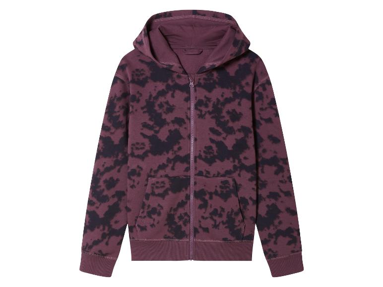 Sweat-shirt à capuche et fermeture éclair bordeaux avec un motif abstrait.