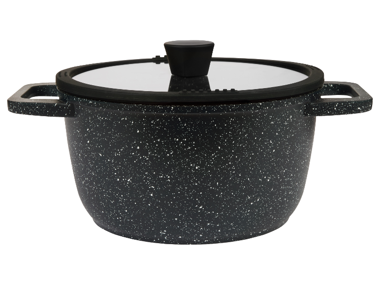 Casseroles noires avec couvercle en verre.