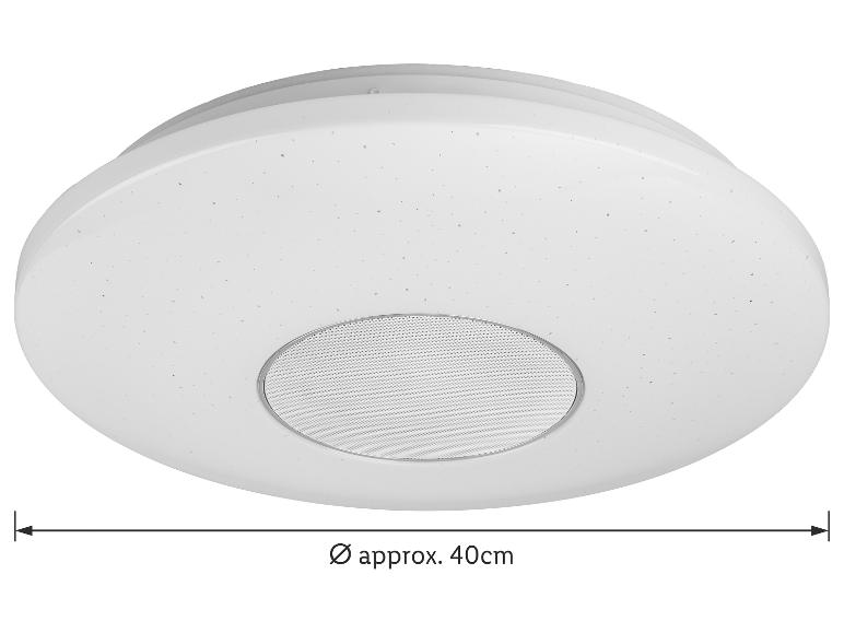 Plafonnier LED rond blanc avec haut-parleur intégré, environ 40 cm de diamètre.