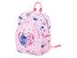 Sac à dos rose pour enfants avec des personnages de dessins animés bleus et roses et des cœurs.