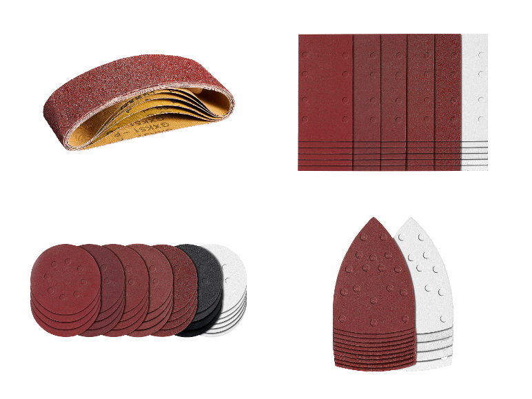 Fournitures de ponçage : bandes de ponçage, feuilles et tampons delta.
