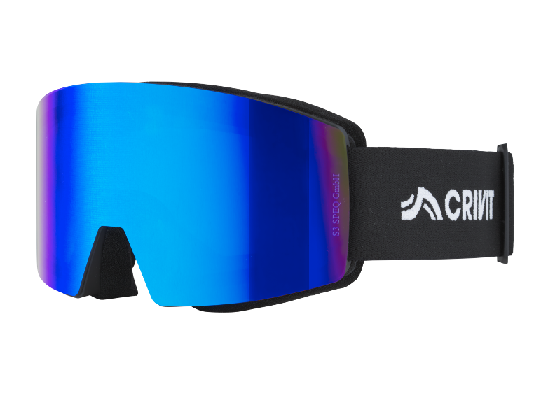 Masque de ski avec verres miroir bleus, sangle noire et inscription « S3 SPEQ GmbH »