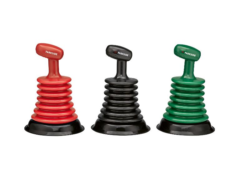 Trois déboucheurs d'évier Parkside, rouge, noir et vert, sur fond blanc.