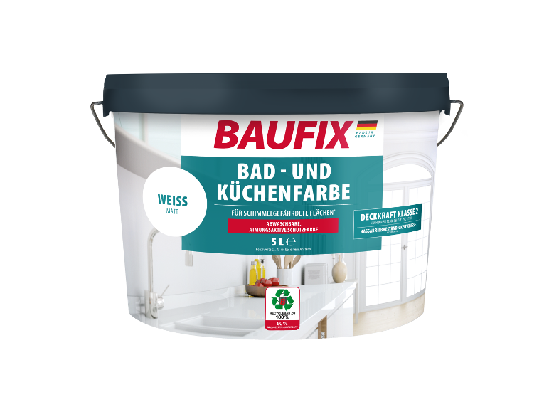 Peinture Baufix pour salle de bain et cuisine, blanche mate, 5L.