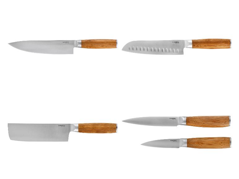 Ensemble de couteaux de cuisine en acier inoxydable avec manches en bois.