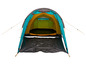 Une tente de camping turquoise avec un intérieur jaune.