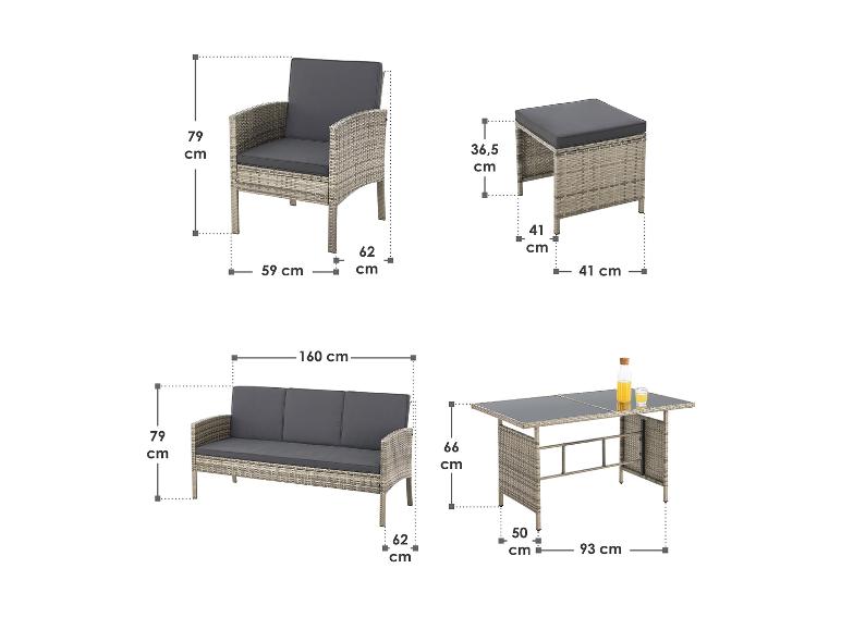Ensemble de mobilier de jardin en rotin avec dimensions : un canapé, un fauteuil, un tabouret et une table.