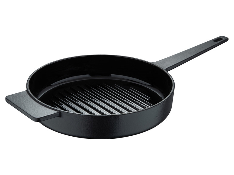Une poêle à griller noire avec une poignée.