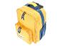 Sac à dos jaune à roulettes avec détails bleus et dessin de lion sur la poche avant.
