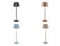 Quatre lampadaires de différentes couleurs : gris, cuivre, bleu clair et beige.