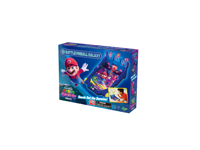Un jeu de flipper Super Mario Galaxy avec Mario sur la boîte, avec avertissement pour petites pièces.
