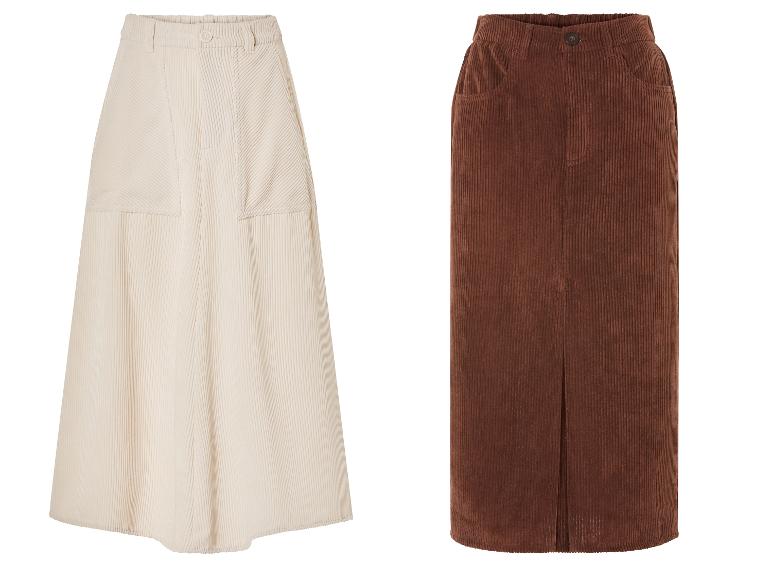 Deux jupes en velours côtelé, une blanche et une marron.