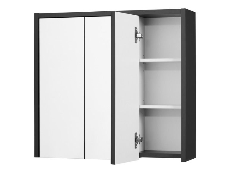 Une armoire de salle de bain noire avec deux portes et un miroir, la porte est ouverte et deux étagères sont visibles.