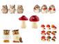 Figurines en céramique : chouettes, hérissons et champignons.