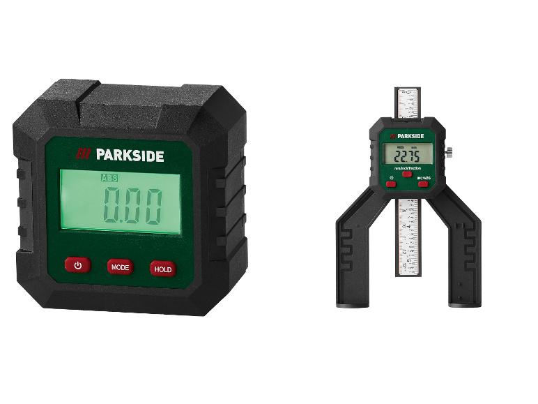 Jauge d'angle numérique et jauge de profondeur numérique PARKSIDE avec écrans LCD.