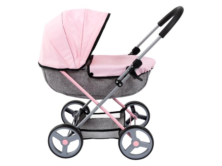 Poussette de poupée rose et grise avec capote pliable et panier de rangement.