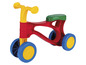 Un vélo d'apprentissage rouge avec des roues bleues pour les jeunes enfants.