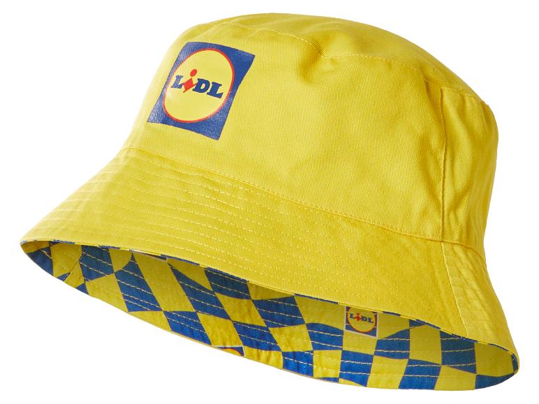 Bob jaune avec logo et doublure intérieure à carreaux bleus et jaunes.