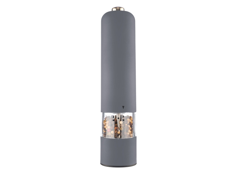 Un moulin à poivre électrique gris avec des grains de poivre.