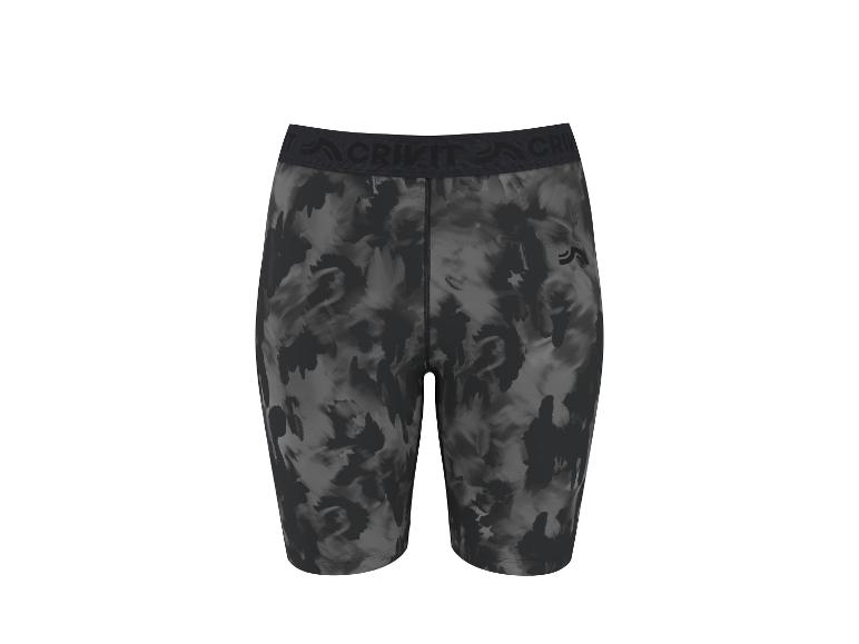 Short de sport noir et gris avec motif abstrait et ceinture élastique.