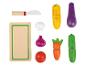 Jouets en bois : maïs, aubergine, couteau, planche à découper et autres légumes.