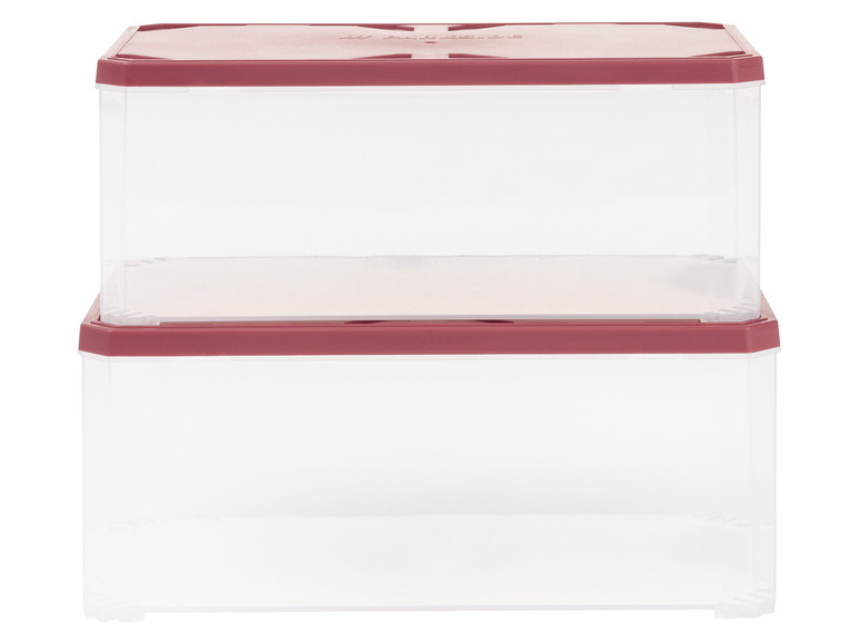 Deux boîtes de rangement transparentes avec des couvercles rouges.