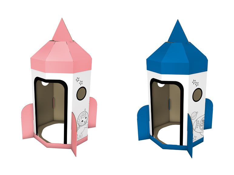 Deux fusées en carton pour enfants, une rose et une bleue.