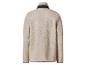 Veste polaire beige avec col et poignets noirs.