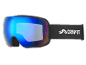 Masque de ski avec verres miroirs bleus et sangle noire avec logo blanc.