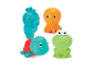Jouets de bain : hippocampe, pieuvre, tortue et grenouille.