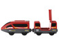 Un train rouge CityExpress avec une plateforme de chargement ouverte.