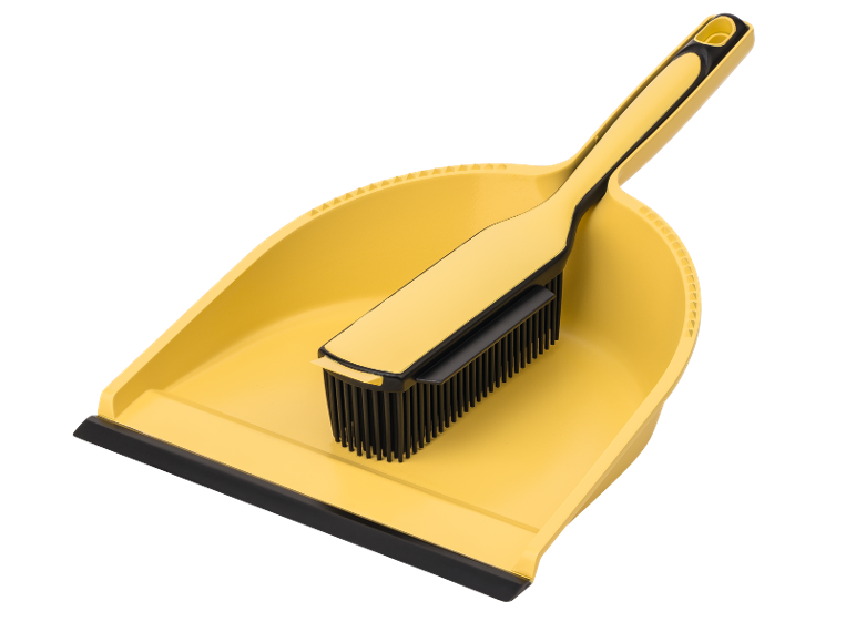 Pelle à poussière jaune avec balayette.