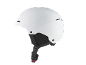 Casque de ski blanc avec jugulaire noire et boucle rouge, vue de côté.