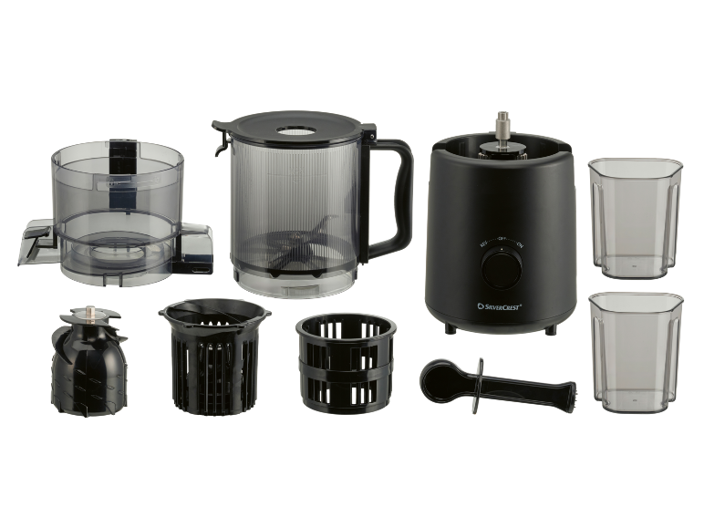 Robot culinaire avec mixeur, deux tasses, deux paniers et un poussoir.